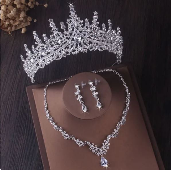 Luxury Silver Color Crystal Water Drop Bridal Jewelry Sets Rhinestone Tiaras Cro